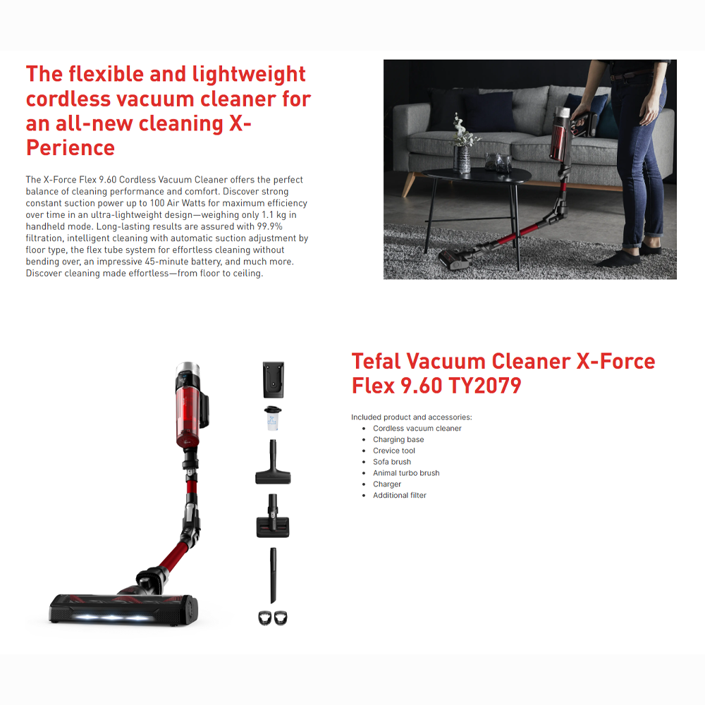 Tefal 250W X-Force Flex 9.60 Animal Care Cordless Vacuum Cleaner Stick TY2079 | Strong constant suction up to 100 Air Watts | Smart Control Display