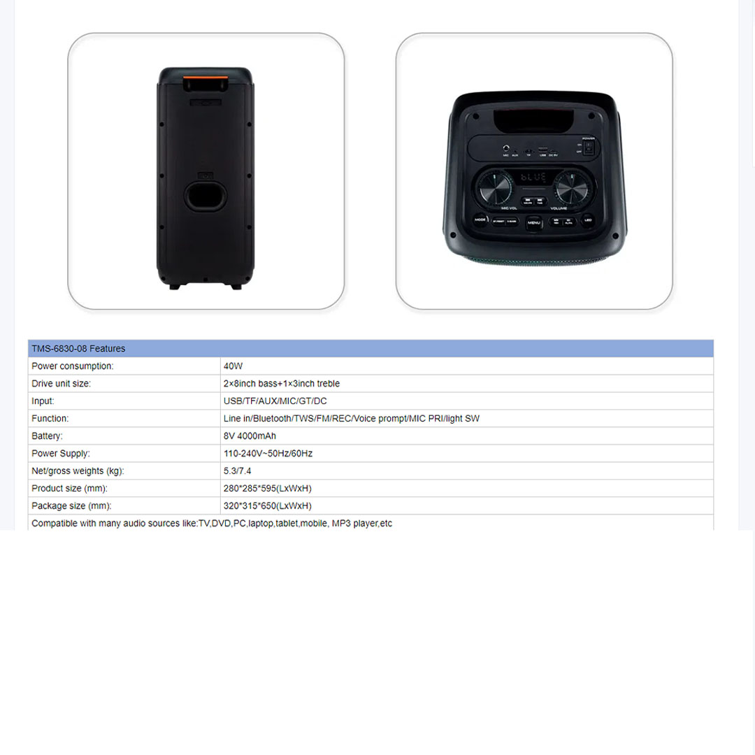 Temeisheng 8'' Portable Home Party Speaker TMS6830-08 | Ambient Light | Wireless Streaming With Bluetooth | 7.4V 3000mAh | Portable Speaker with 1 Year Warranty