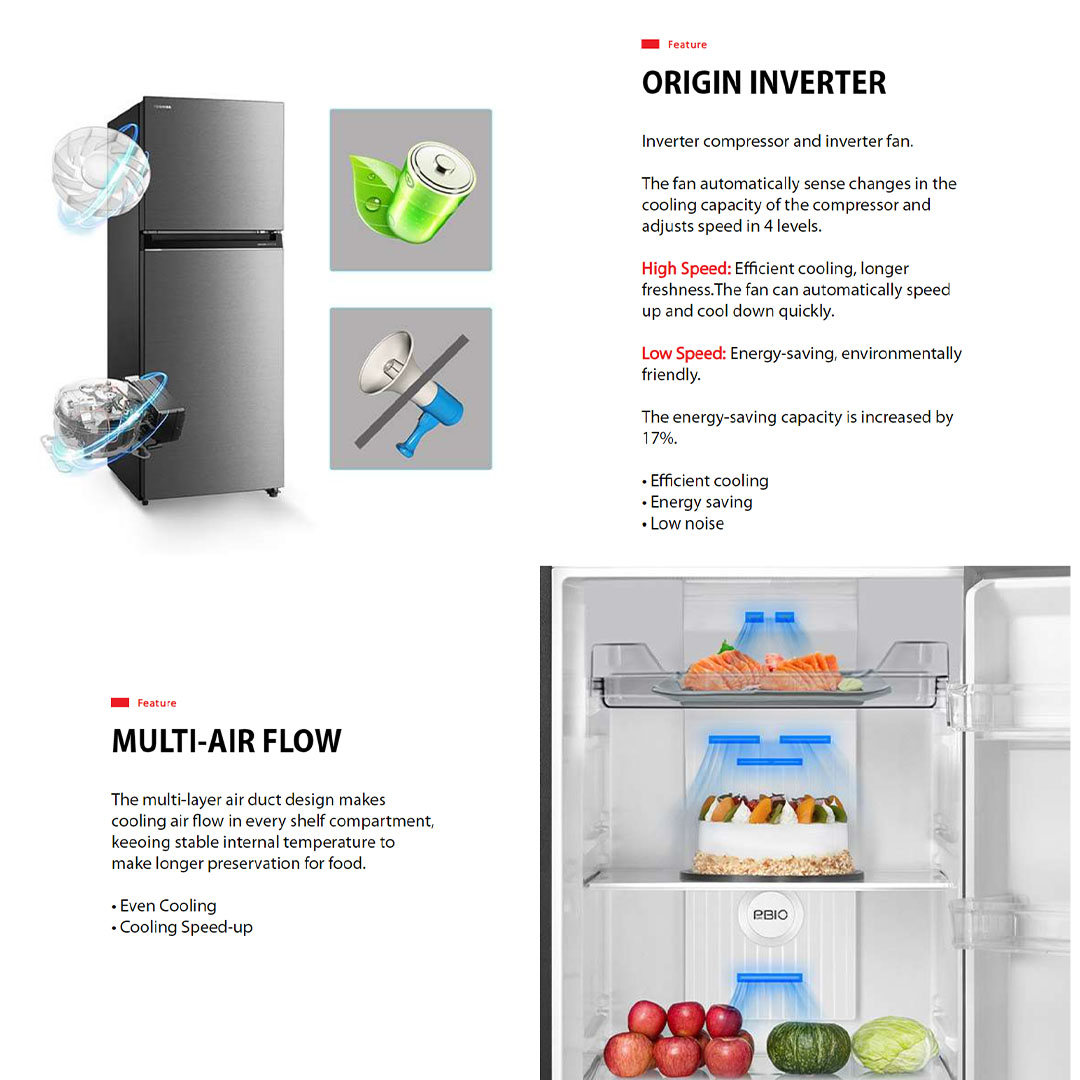 TOSHIBA 360L 2 Doors Inverter Pure BIO Refrigerator GR-RT412WE-PMY(58) | Japanese Weave Design | Multi-Air Flow | Dual LED | Adjustable Glass Shelf | Refrigerator with 2 Years Warranty
