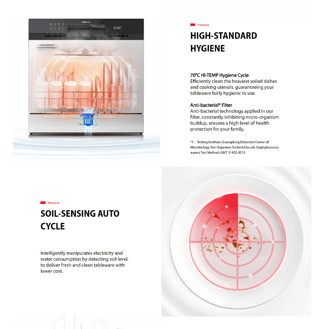 TOSHIBA 8 Place Setting Table Top Dishwasher DW-08T3(S)-MY | Turbo Heat Drying | Off-Peak Wash | Hi-Temp Hygiene Cycle | Soil-Sensing Auto Cycle | Dishwasher with 1 Year