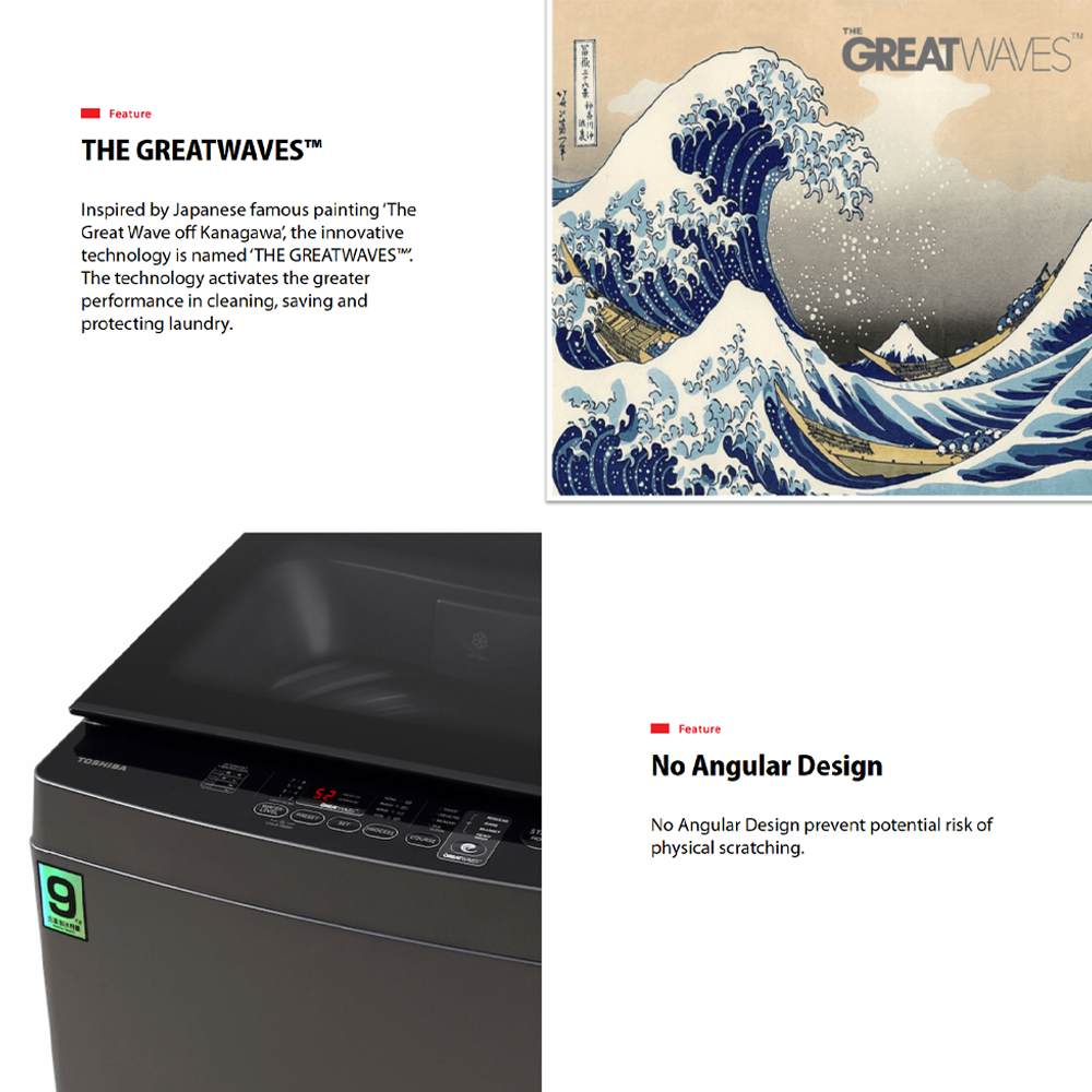 Toshiba 9KG/10KG Top Load THE GREATWAVES Washing Machine AW-M1000EM(SG)/AW-M1100PM(SG) | THE GREATWAVES™ | iClean | Easy Kit | Washing Machine with 2 Years Warranty