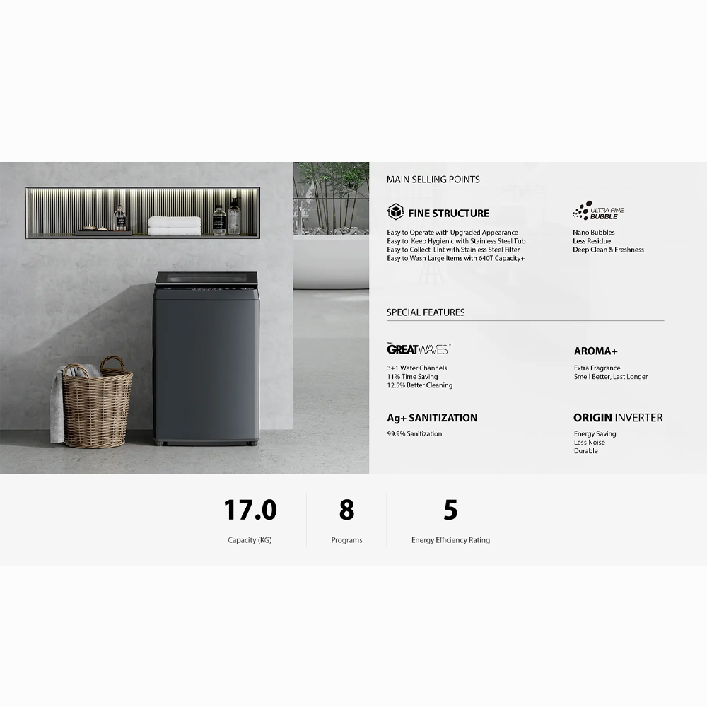 TOSHIBA 17KG/19KG AROMA+ UFB Greatwaves with Heating Top Load Washing Machine AW-T08DUH1800MM(MG)/AW-T08DUH2000QM(MG) | Ultra Fine Bubble | THE GREATWAVES™