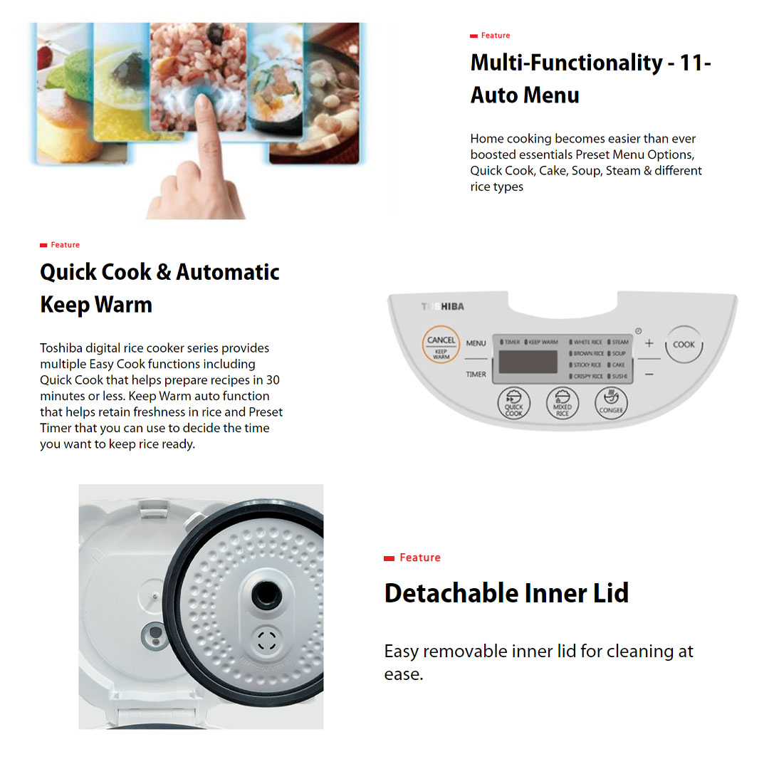 TOSHIBA 1L/1.8L Digital Rice Cooker RC-10DH1NMY/RC-18DH1NMY | 2.2mm Honatsukama Pot | Preset Menus with LED Display | 11-Auto Menu | Rice Cooker with 1 Year Warranty