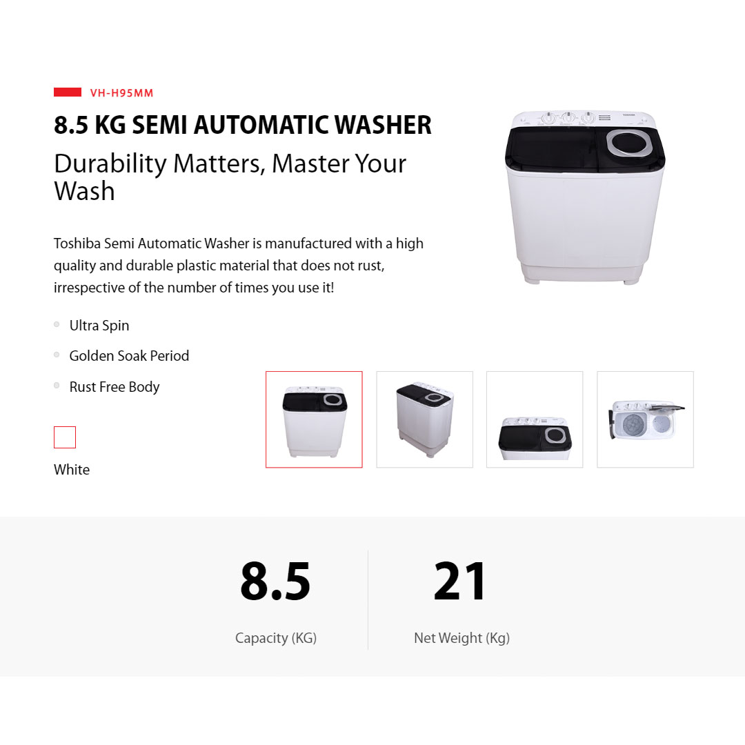 TOSHIBA 7.5KG/8.5KG Semi Automatic Twin Tub Washer VH-H85MM/VH-H95MM | High Blades Pulsator | Rust Free Body | Ultra Spin | Golden Soak | Washing Machine with 2 Year Warranty