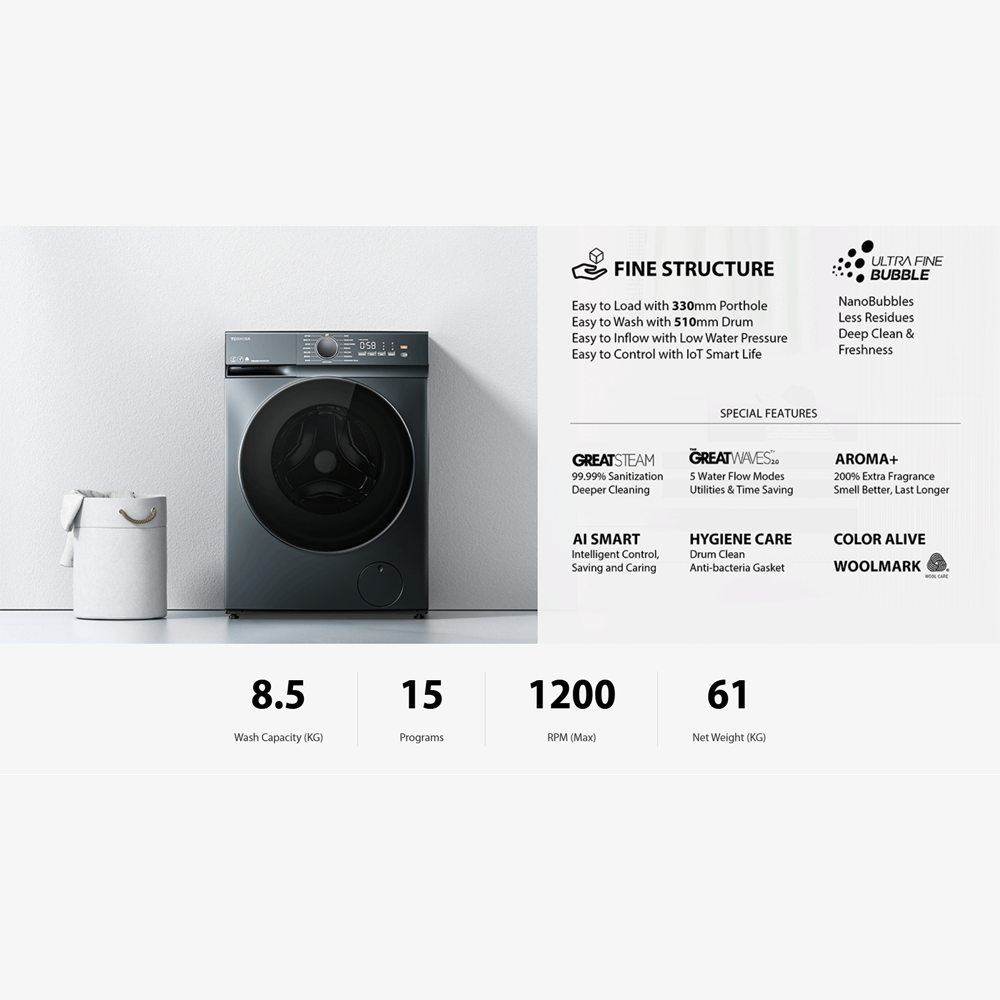 TOSHIBA 7KG/8.5KG AROMA+ Front Load Origin Inverter Washing Machine TW-T21BU80UWM(MG)/TW-T21BU95UWM(MG) | Ultra Fine Bubble | Steam Wash