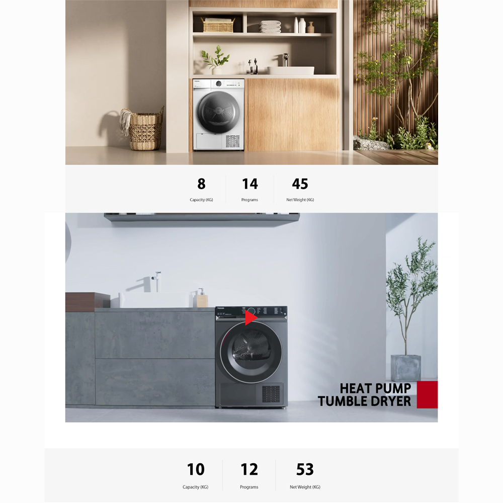 TOSHIBA 8KG/10KG Heat Pump Origin Inverter Tumble Dryer TD-E80BT21HWM(WW)/TD-BP110GHM(MG) | SENSE DRY™ | Anti-crease | TSmartLife Smart Control