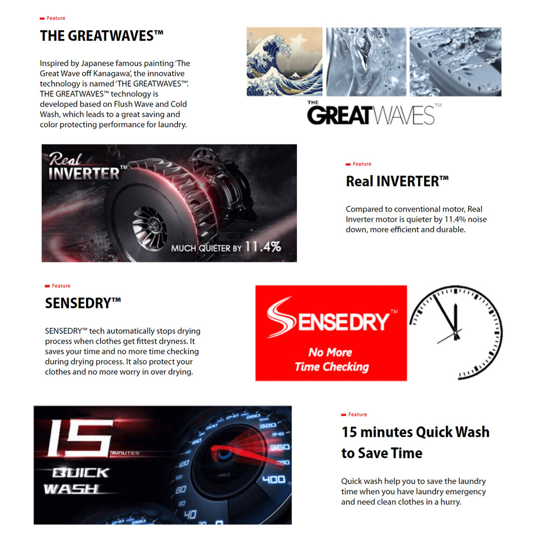 TOSHIBA 8/5KG Real Inverter Front Load Washer Dryer TWD-BK90S2M / TWD-BK90S2M(SK) | 1 Hour Quick Wash & Dry | THE GREATWAVES | Washer Dryer with 2 Year General & 10 Year Motor Warranty