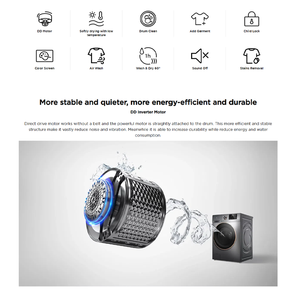 TCL 10.5KG/7KG Inverter Direct Drive Washer Dryer With Full LED Panel TWD105-C31DG | DD Motor | Less Friction More Care