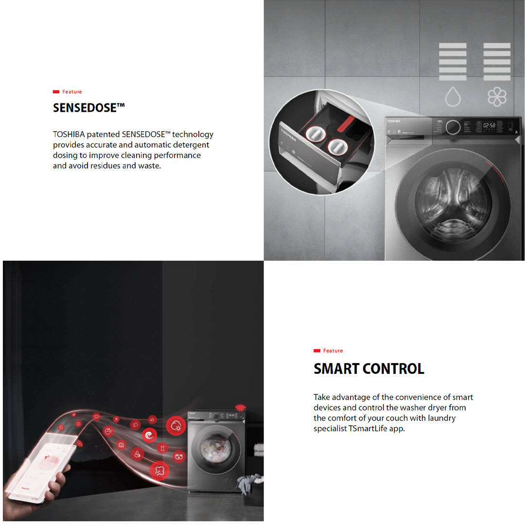 TOSHIBA Front Load THE GREATWAVES Origin Inverter Washer Dryer with Smart Control | 9.5KG/7KG - TWD-BM105GF4M(SK) / 11.5KG/8KG - WD-BM125GF4M(SK) / 12.5KG/8KG - TWD-BM135GF4M(SK) | Steam | Condenser | Drum Clean | Washer Dryer with 2 Year Warranty