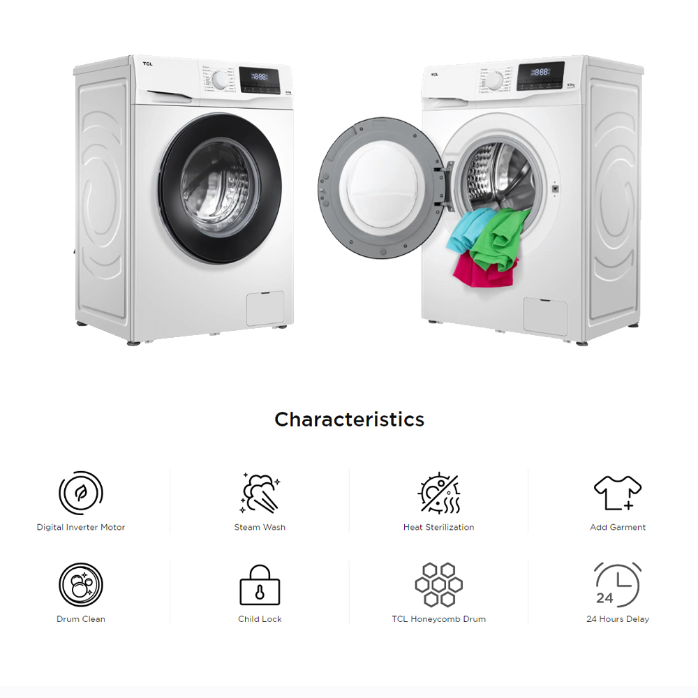 TCL 10KG Steam Front Load Inverter Washing Machine TWF100-MP6B | Inverter Motor | Steam Wash | Heat Sterilization | 2  Year General Warranty   3  Year Panel Warranty  10 Year Motor Warranty