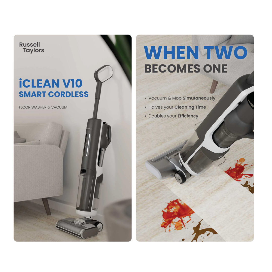 Russell Taylors 300W iClean Wet Dry Cordless Floor Washer Vacuum Cleaner & Mop | 2500mAh Battery | Dual Tank Feature | Motorized Floor Brush with LED Lights | Vacuum with 2 Year Warranty