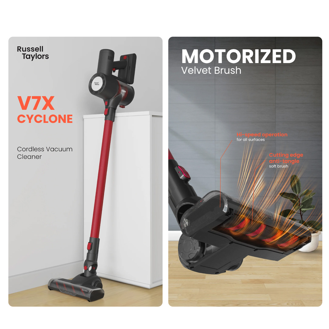 Russell Taylors 150W Cyclone Cordless Vacuum Cleaner V7X | 5 Layers of Innovation | 2200mAh Battery | Quick Release Dust Canister | Vacuum with 2 Year Warranty