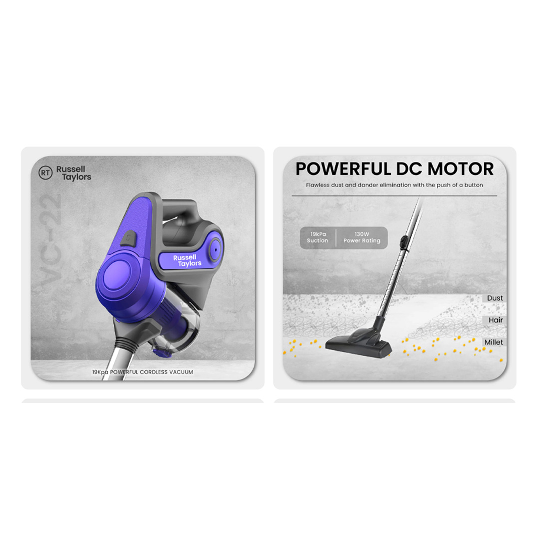 Russell Taylors 130W Cordless Vacuum Cleaner VC-22 | Powerful DC Motor | 2 Power Modes | Quick Release Dust Canister | Vacuum with 2 Year Warranty