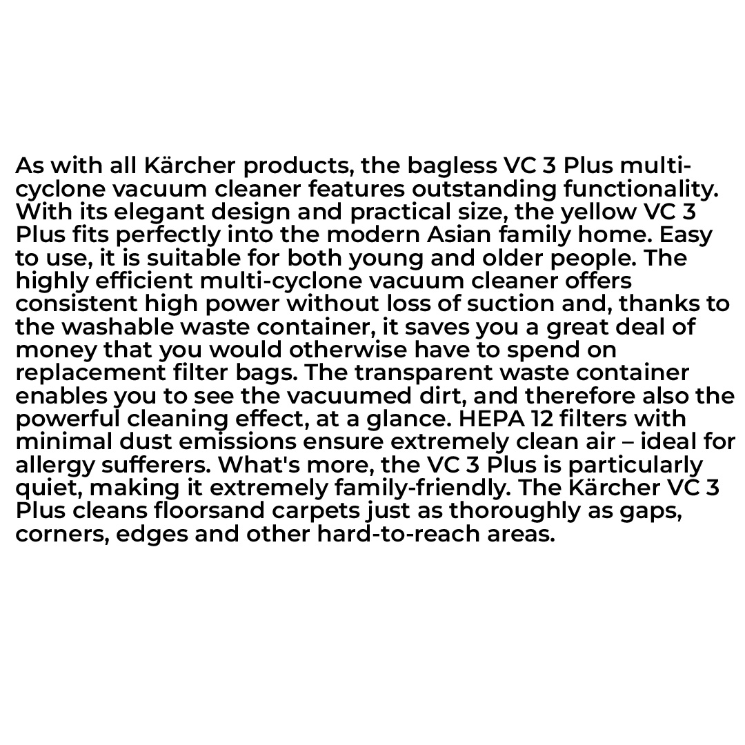 Karcher 1100W Bagless Multi-Cyclone Vacuum Cleaners VC 3 Plus *SEA | HEPA 12 Filter | Multi-Cyclone Technology | Vacuum with 1 Year Warranty