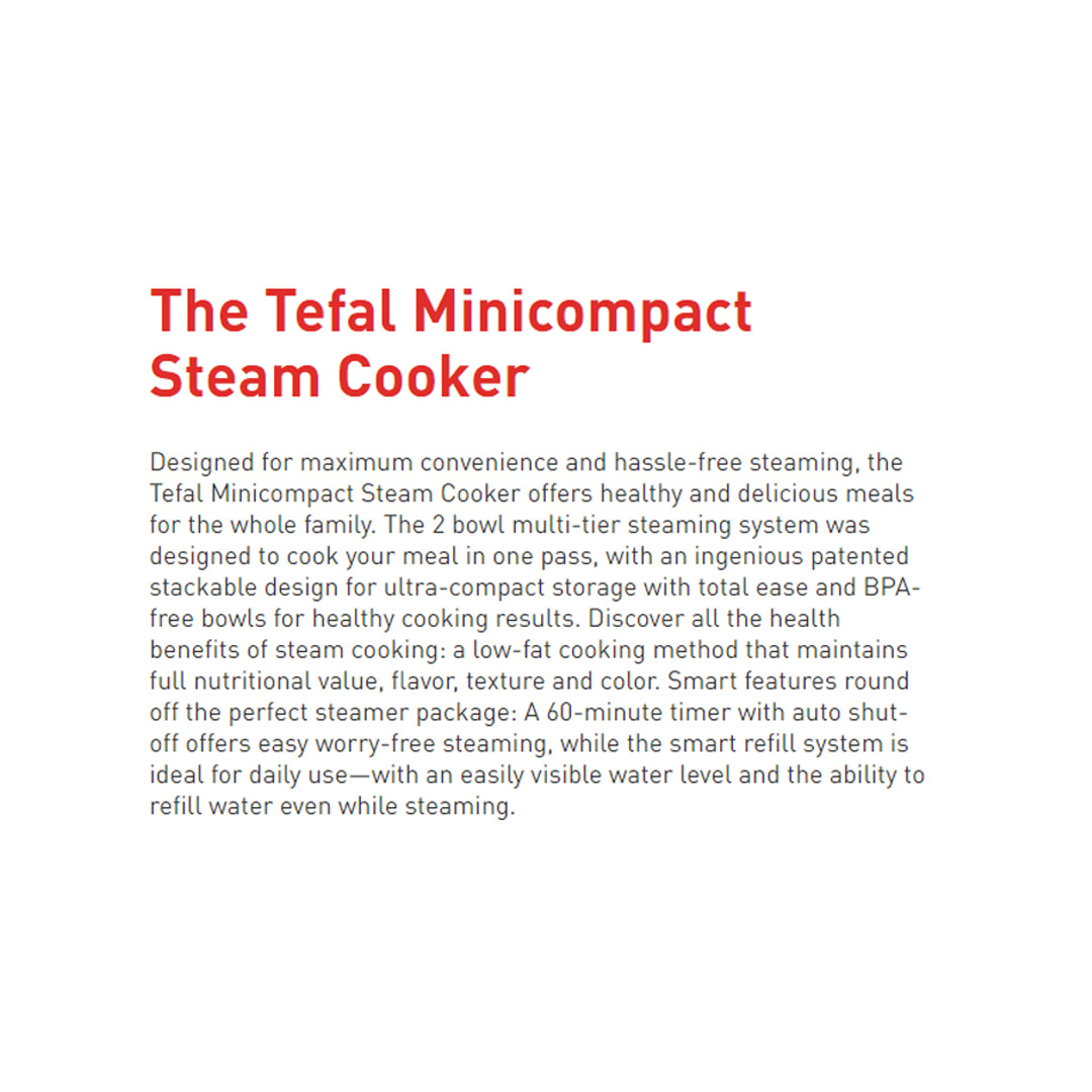 Tefal 6L Minicompact Steamer VC1398 | 800W Power | 60-Minute Timer | Low-fat Steam Cooking | Steamer with 2 Year Warranty
