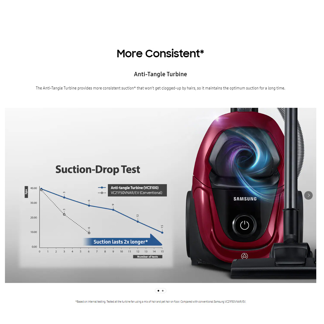 SAMSUNG 370W Canister Bagless with Anti-Tangle Turbine Vacuum Cleaner Mexican Pink | Remote Handle Control | Large Capacity Dustbin | Cyclone Force with Anti-Tangle Turbine | Vacuum Cleaner with 2 Years Warranty