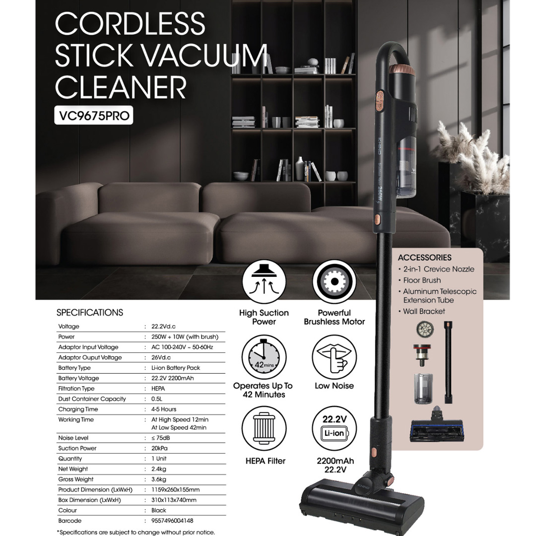 KHIND 250W Cordless Stick Vacuum Cleaner VC9675PRO | High Suction Power | Powerful Brushless Motor | Low Nosie | 22.2V Li-Ion |  Stick Vacuum with  2 Year Warranty