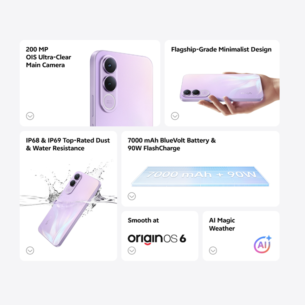 vivo V70 FE 5G 8GB+256GB/ 12GB+256GB | 6.83 inches | 200MP Rear Camera | Mediatek Dimensity 7360 Turbo (4 nm) | Android 16, OriginOS 6 | 7000mAh, 90W Fast Charge