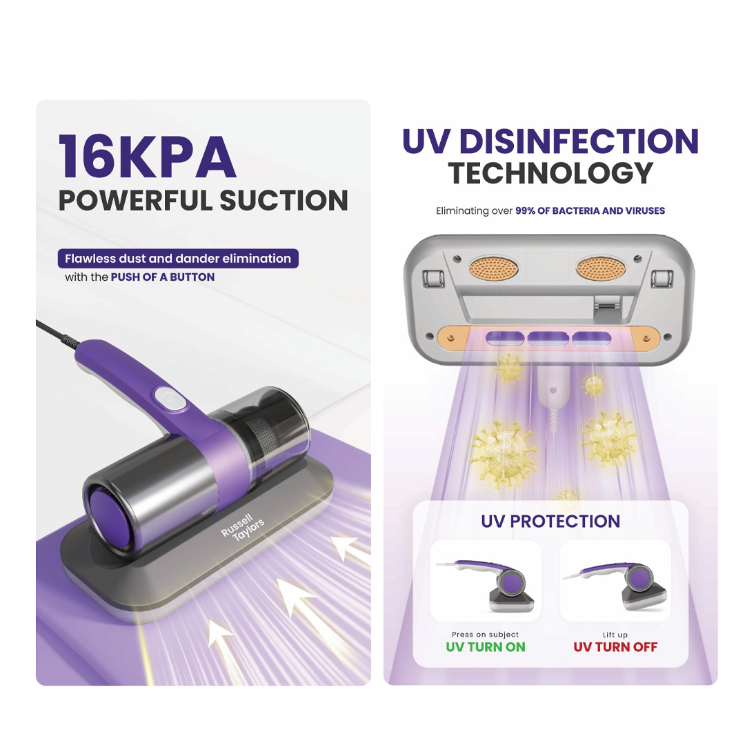 Russell Taylors 500W Dust Mite Vacuum Cleaner VM-10 | Multi-Layer Filtering System | Easy Waste Disposal | 16kpa Powerful Suction | Vacuum with 2 Year Warranty