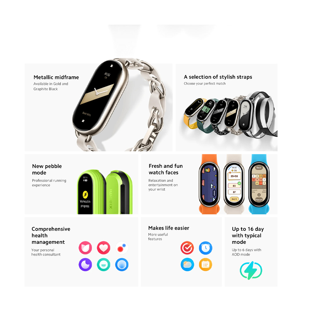 Xiaomi Smart Band 8 | 1.62 inch AMOLED Touch Display | Metallic Midframe | Up to 16 Day with Typical Mode | Focus Mode | Smart Band with 1 Year Warranty