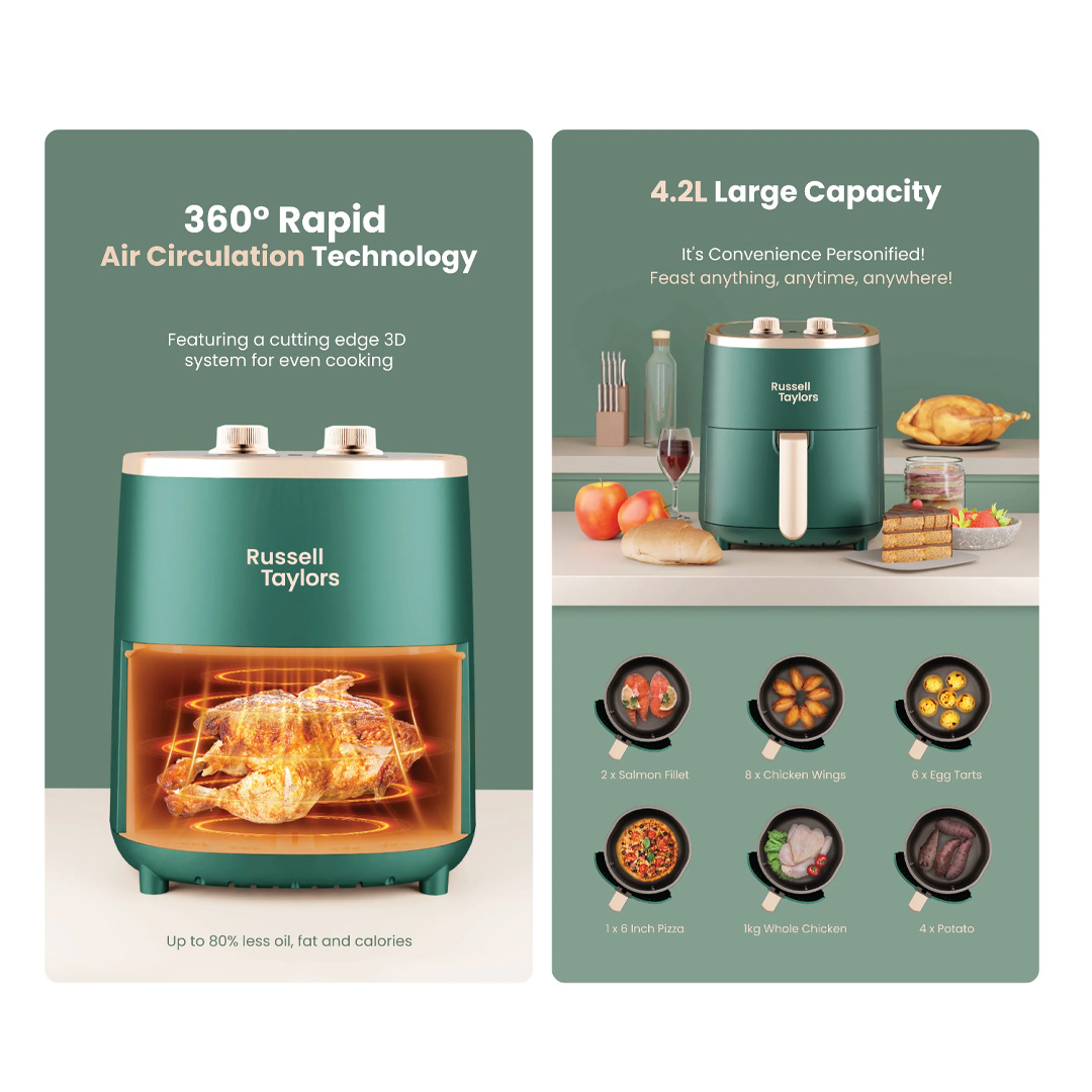 Russell Taylors 4.2L 3D Air Fryer Z1 | 360° Rapid Air Circulation Technology | Non Stick Pan | Temperature 80-200ºC |  Mechanical Control | Auto Shut Off | Power: 1,200W | Air Fryer with 2 Year Warranty