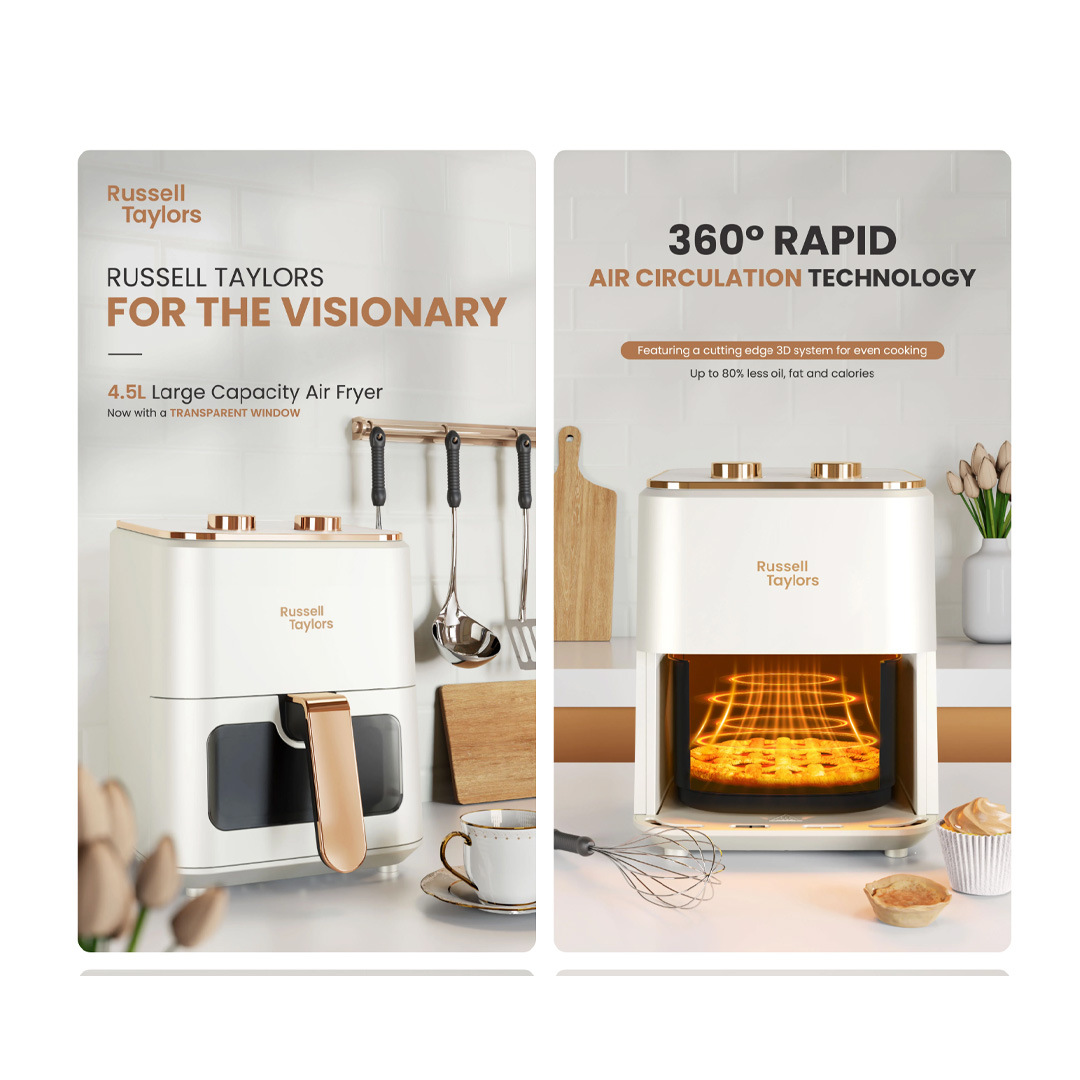 Russell Taylors 4.5L 3D Visible Window Air Fryer Z3 | 1200W Power | 360° Rapid Air Circulation Technology | Mechanical Control | Air Fryer with 2 Year Warranty