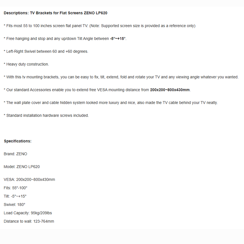 Zeno 55"-100" LED TV BRACKET - Full Motion Cantilever Mount (DOUBLE CANTILEVER ARM) LP620