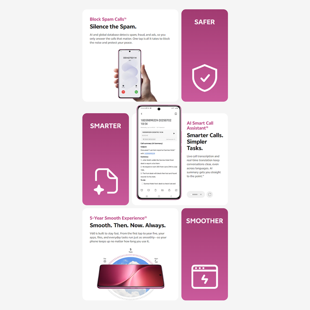 vivo V60 5G | Rear Camera 50MP | Qualcomm SM7750-AB Snapdragon 7 Gen 4 (4 nm) | 6.77 inches, AMOLED | Li-Po 6500 mAh,