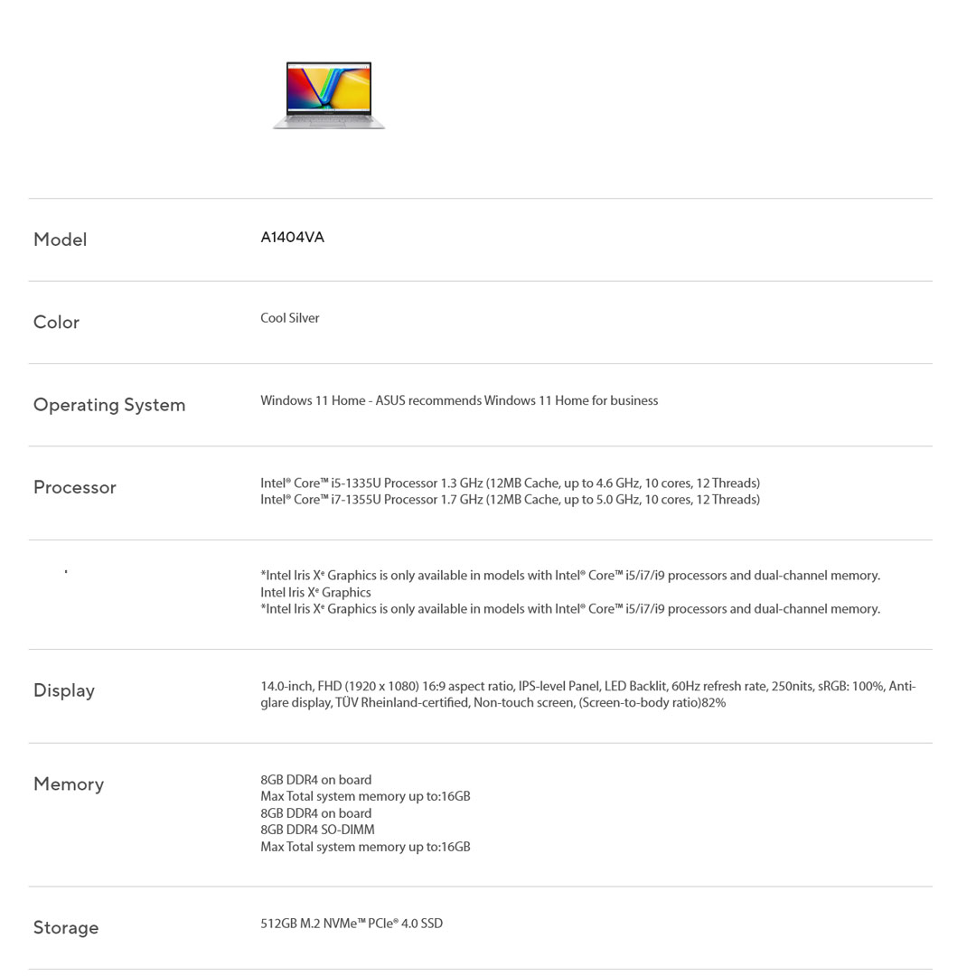 ASUS Vivobook 14-inch Intel Core i5-1335U | Intel UHD Graphics | 8GB+512GB 2021 | Windows 11 Home | Laptop with 2 Years Manufacturer Warranty