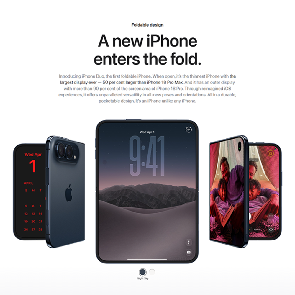 Apple iPhone Duo 256GB / 512GB / 1TB / 2TB | 7.6-inch, LTPO Super Retina XDR OLED| 48MP Rear Camera | iOS 27 | Apple A20 Pro | Li-Ion 5400 mAh