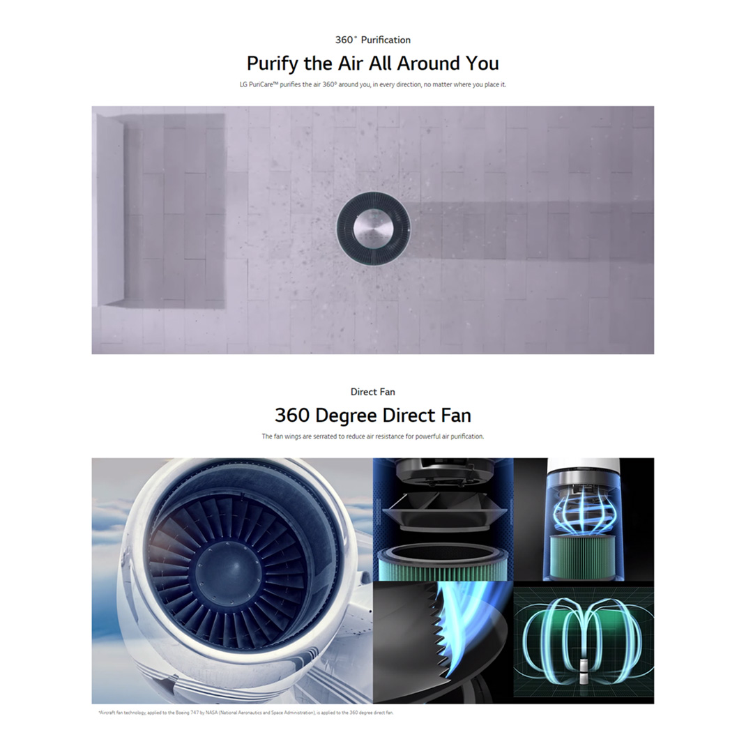LG 61.2m²/100m² PuriCare™ 360º Air Purifier | AS10GDWB0 / AS65GDPB0 | Multi-Filtration System | Direct Fan | Clean Boost | Air Purifier with 1 Year Warranty
