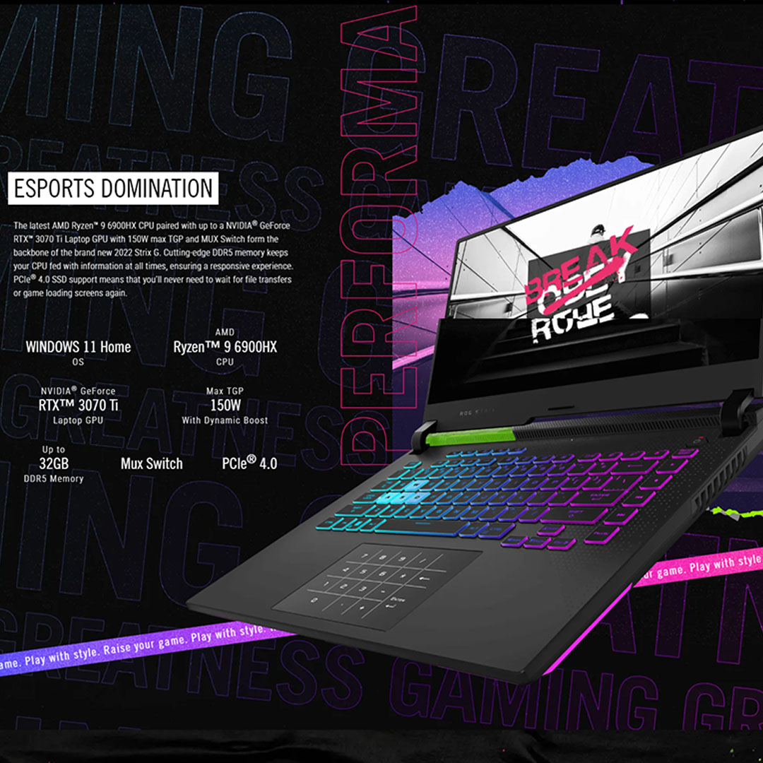 ASUS ROG Strix G15 Laptop 15.6-inch AMD Ryzen 7 6800H NVIDIA GeForce RTX 3060 16GB+512GB 2022 |  ROG Intelligent Cooling™ |  Dolby Vision and Dolby Atmos | Multiple RGB lighting zones | Laptop with 2 Year Warranty
