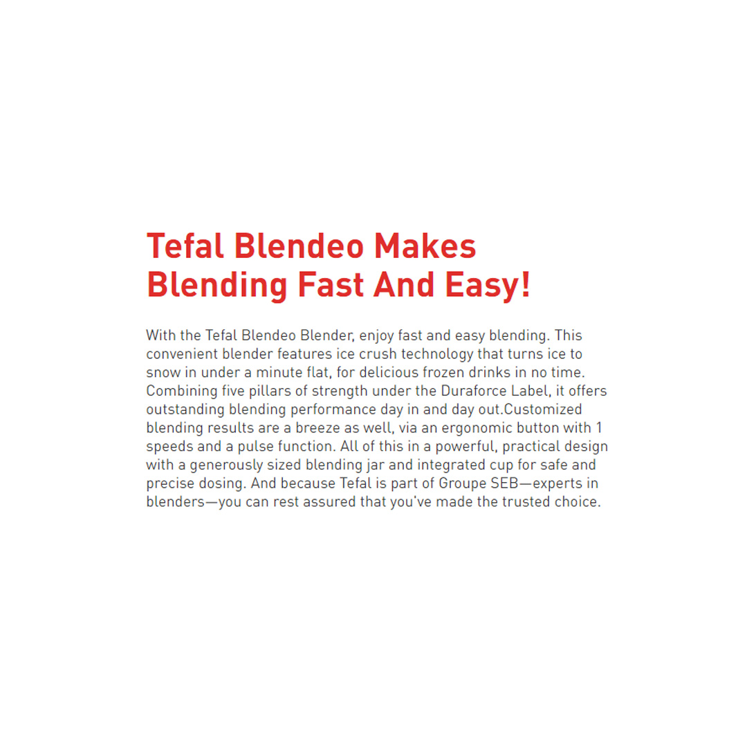Tefal 1.5L Uno Blender with 2 Jar + Grinder BL2B4165 | 450W Power | Dishwasher Safe | Ice Crush Function | Dosing Cup | Blender with 2 Year Warranty