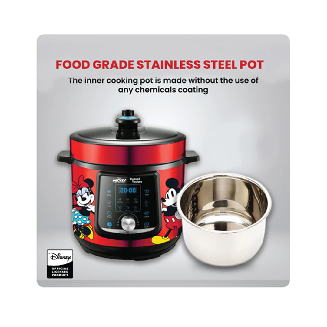 Russell Taylors 6L Disney Mickey And Friends Pressure Cooker D2 | 24 Hour Delay Time | Keep Warm Function | 10 Preset Programs | LED Display | Cooker with 2 Year Warranty