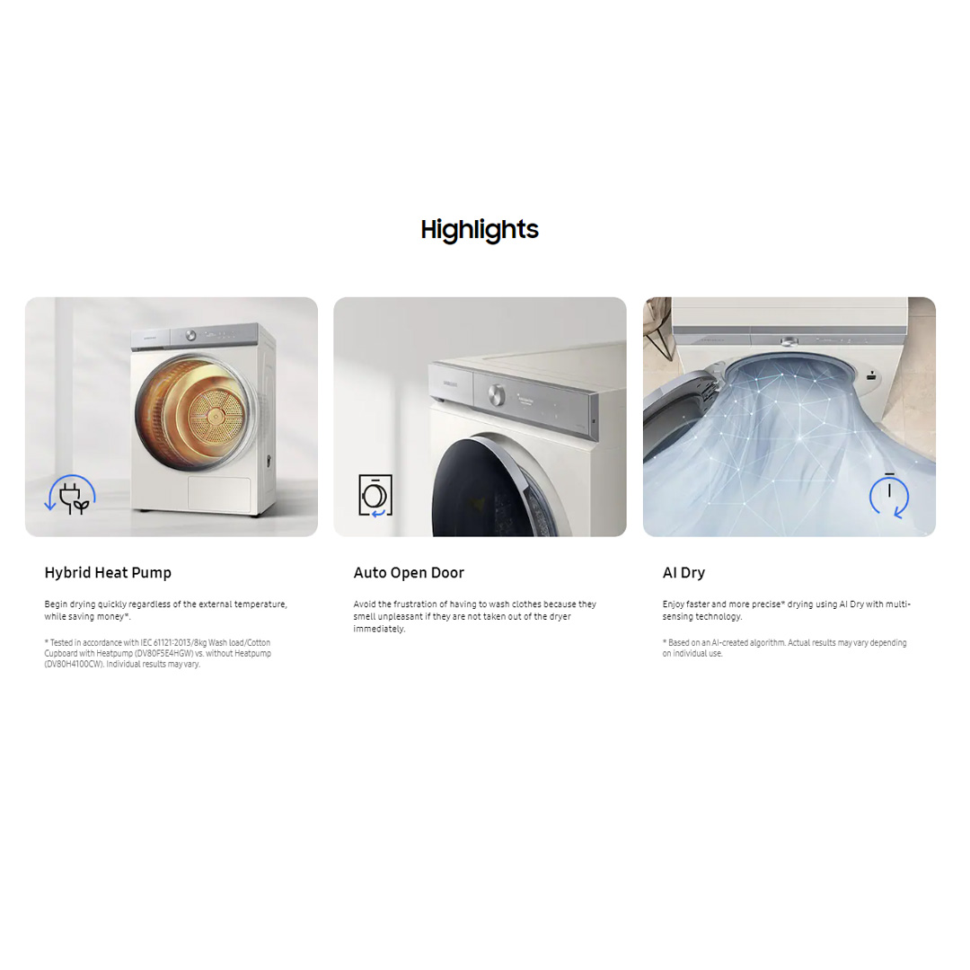 SAMSUNG 17KG Bespoke AI Laundry Hybrid Heat Pump Dryer DV17B9750CV/FQ | AI Control | Hybrid Heat Pump | Large Capacity | 3 Layered Filter System | Dryer with 2 Years Warranty