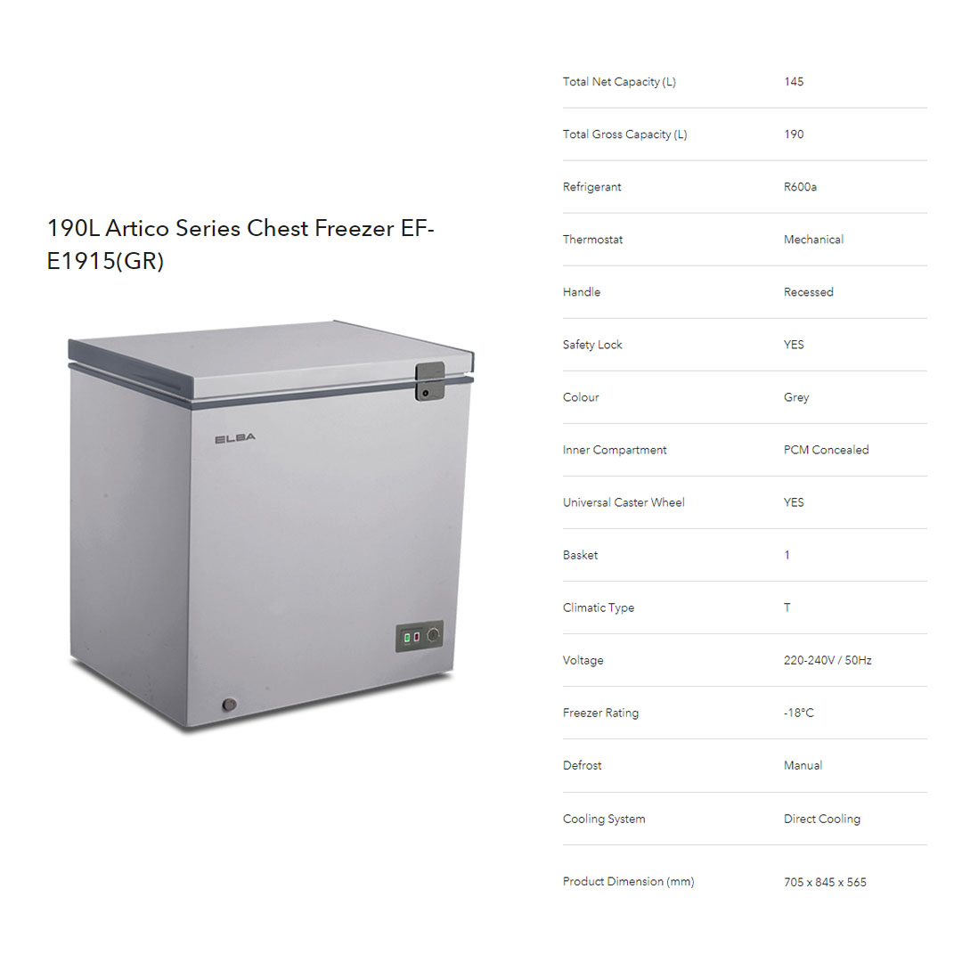 ELBA 130L|190L|260L Chest Freezer EF-E1310(GR)/EF-E1915(GR)/EF-E2620(GR) | R600a | Mechanical Control | Recessed Handle | Safety Lock | Chest Freezer with 1 Year General Warranty & 5 Years Motor Warranty
