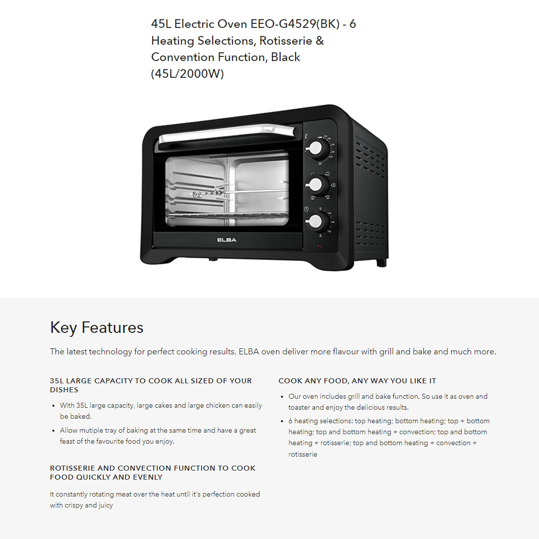 ELBA 35L/45L Oven EEO-G3519(BK)/EEO-G4529(BK) | 6 Heating Selections | Timer with bell ring | Included Wire Rack, 2 Bake Tray, Tray Handle, Rotisserie | Oven with 1 Year Warranty