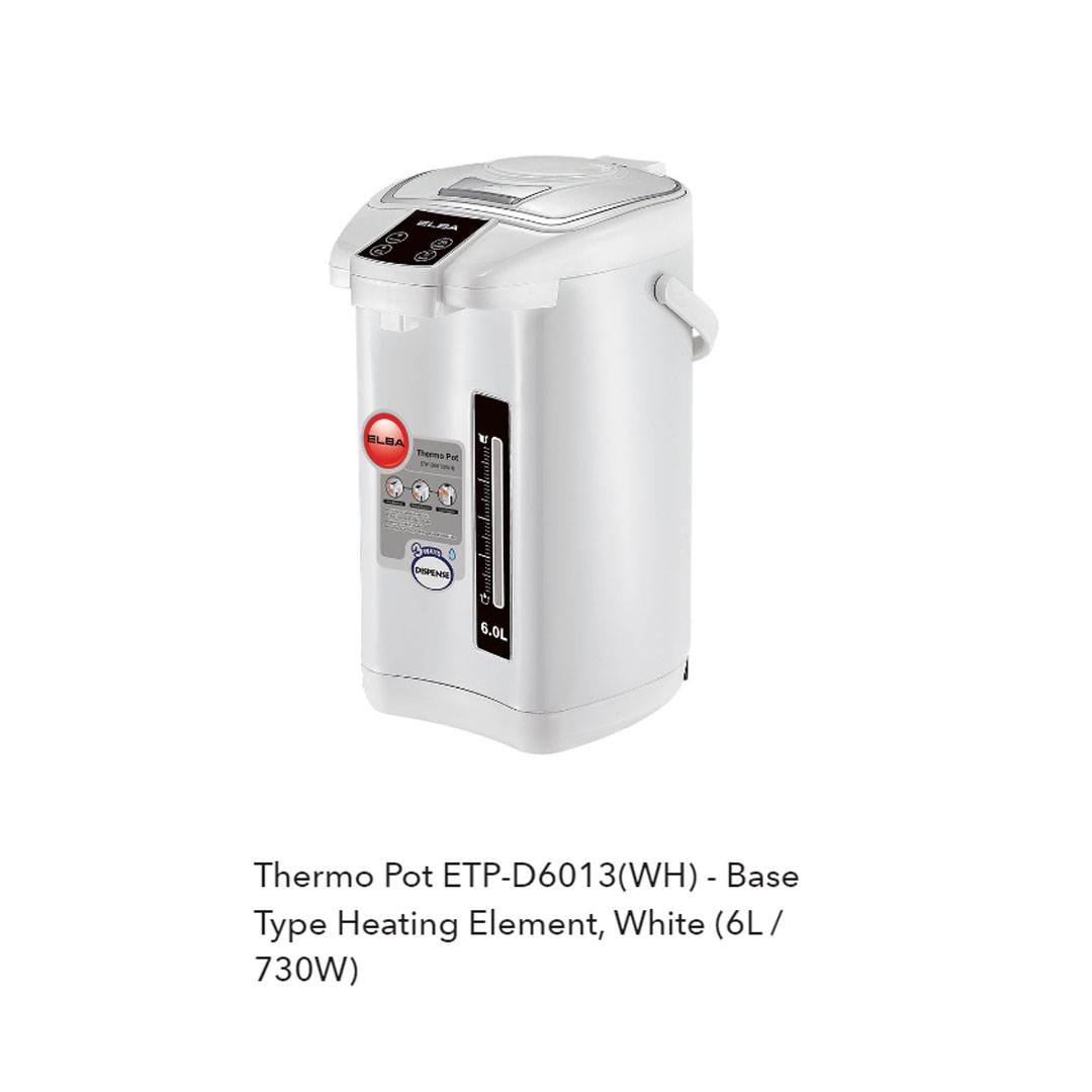ELBA 4L | 6L Thermo Pot ETP-D4013(WH)/ETP-D6013(WH) | 3 Ways Dispenser | 360 Degree Rotating base | 304 Stainless Steel | Dry-boiled Protection | Thermo Pot with 1 Year Warranty