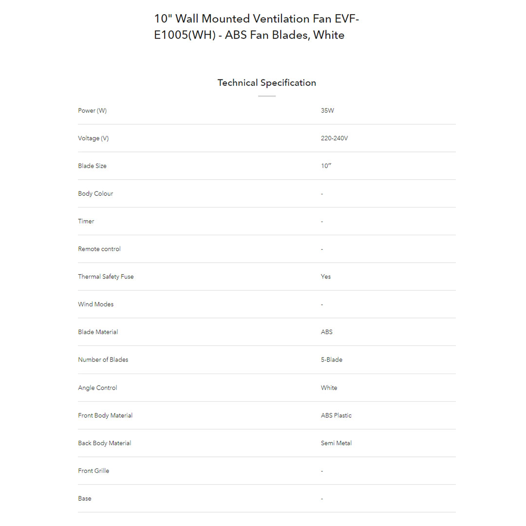 ELBA 8"|10" Ventilation Fan EVF-E0805(WH)/EVF-E1005(WH) | High Efficiency Air Flow | Built-in Thermal Safety Fuse | Quiet Operation | Ventilation Fan with 1 Year Warranty