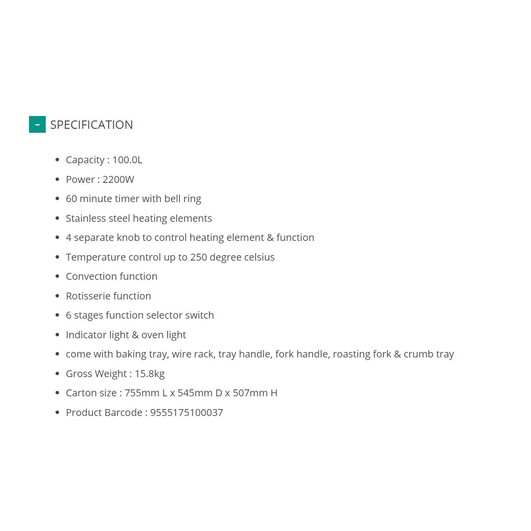 FABER 100L Electric Oven FEO R100 | 2200W | 6 Stages Function Selector Switch | Convection Function | 100 - 250 Degree Temperature Control | 60 minute Timer with Bell Ring | Oven with 1 Year Warranty