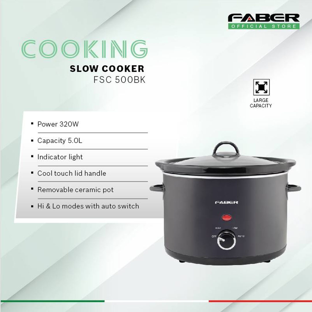 FABER 3L/5L Slow Cooker FSC 300BK/FSC 500BK | Hi & Lo Modes with Auto Switch | Removable Ceramic Pot | Tempered Glass Lid | Cooker With 1 Year Warranty