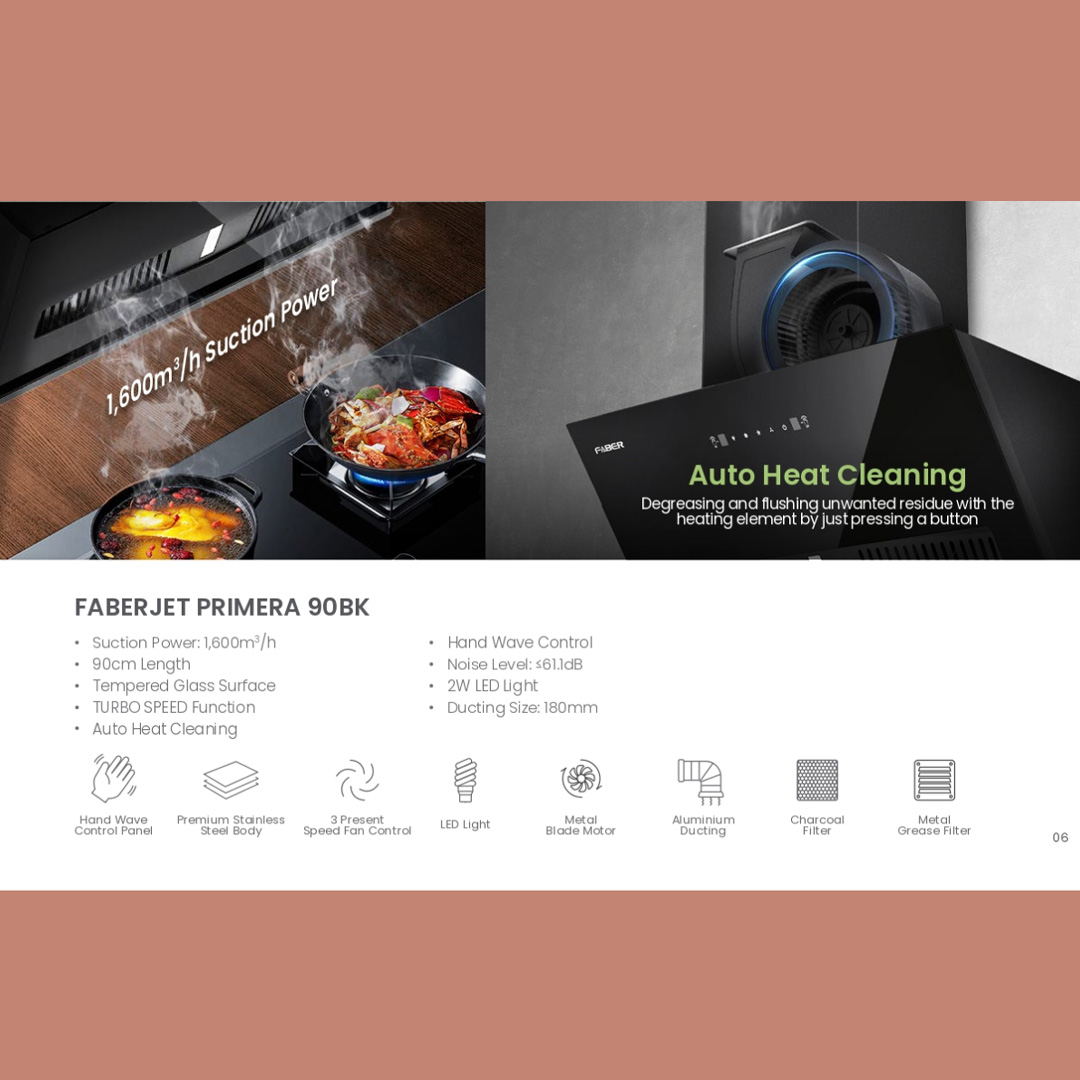 FABER 1800m3/h Designer Hood FABERJET PRIMERA 90BK | Tempered Glass Surface | Turbo Speed Function | Auto Heat Cleaning | Hand Wave Control | Cooker Hood with 1 Year Manufacture