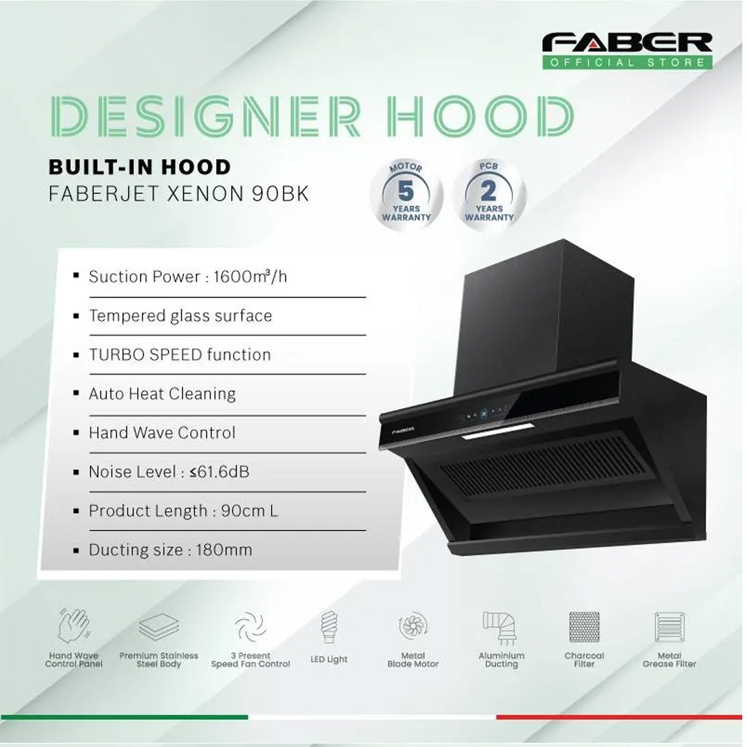 FABER 1600m3/h Designer Hood FABERJET XENON 90BK | Tempered Glass Surface | Turbo Speed Function | Auto Heat Cleaning | Hand Wave Control | Cooker Hood with 1 Year Manufacture