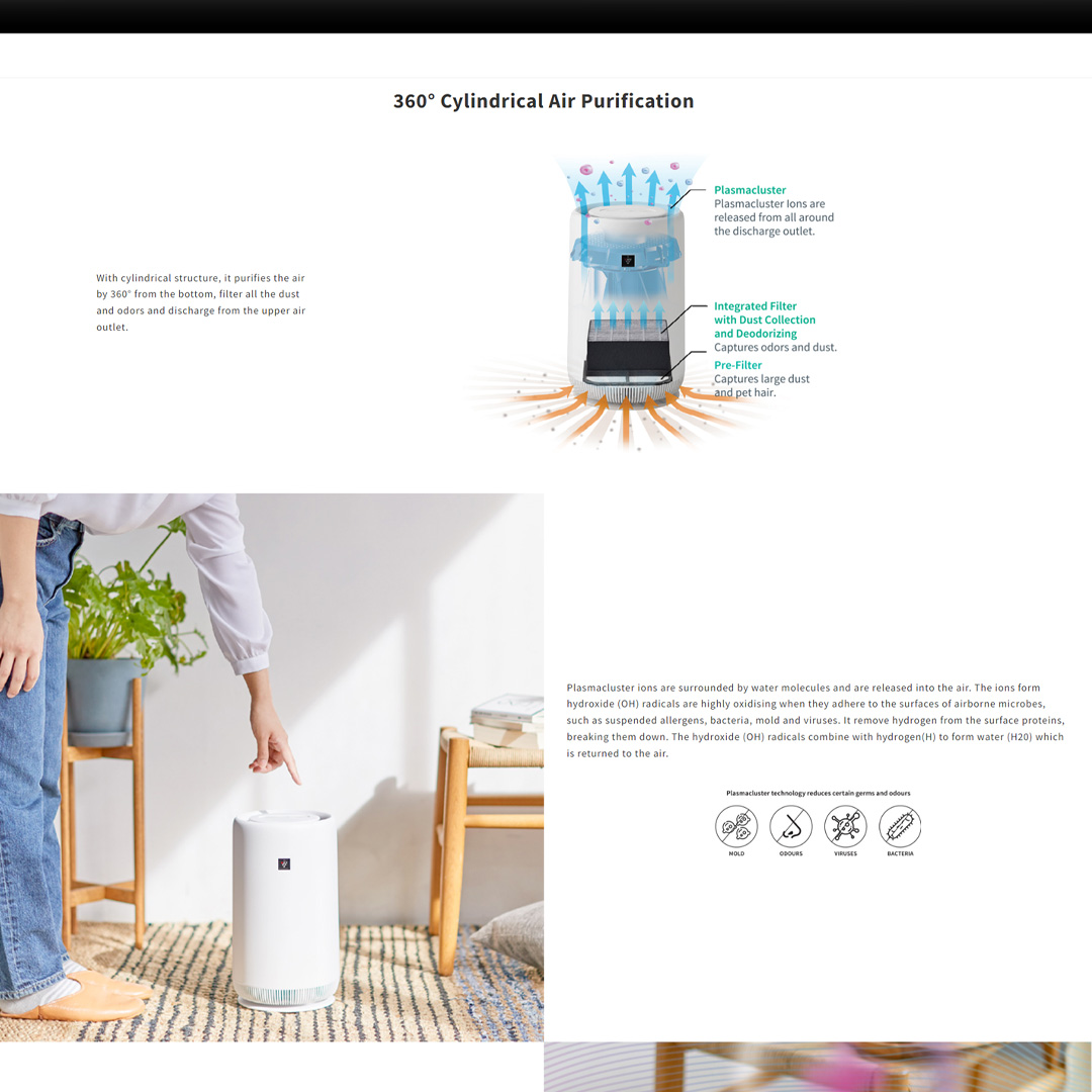 SHARP 10m² Plasmacluster Technology Tower Air Purifier FUNC01W | Removal of Odor | 360° Cylindrical Air Purification | Dust Collection | Deodorization Integrated Filter | Air Purifier with 1 Year Warranty