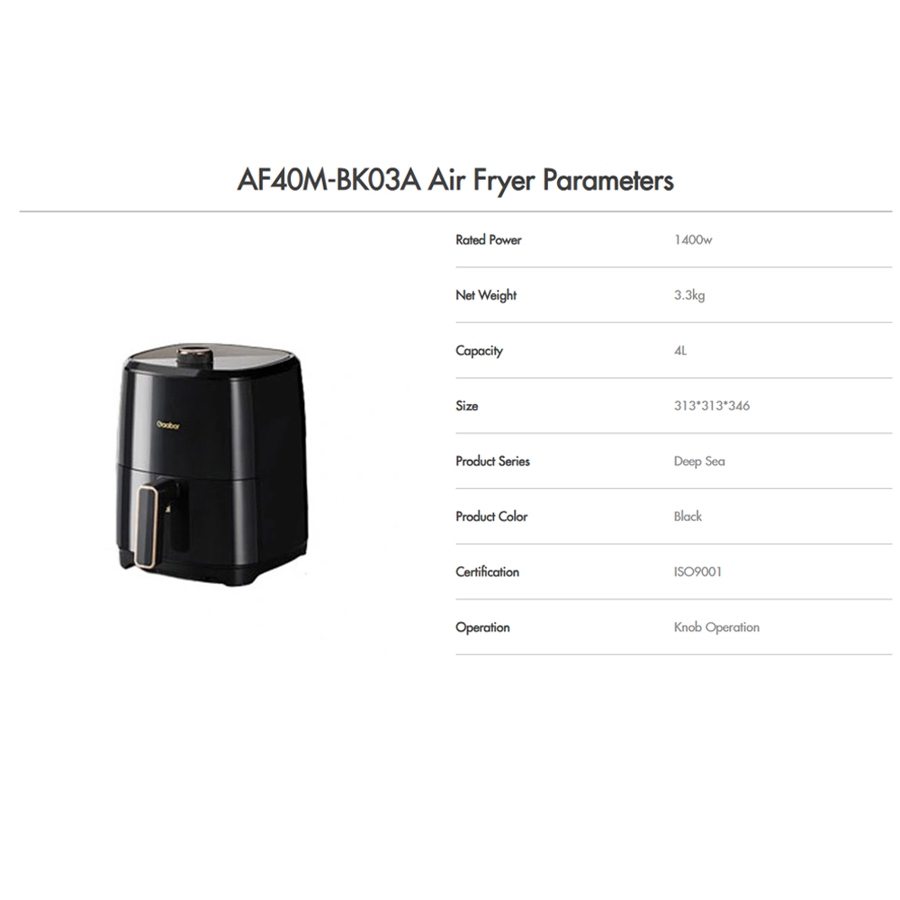 Gaabor 4L Air Fryer Parameters AF40M-BK03A | 360° Circulating Hot Air | One-Turn Timing | Easy to Clean | 1  Year General Warranty