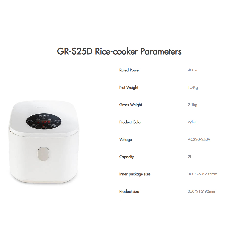 Gaabor 2L Rice-cooker Parameters GR-S25D | 400W HIGH POWER | One-Button Operation | 1  Year General Warranty