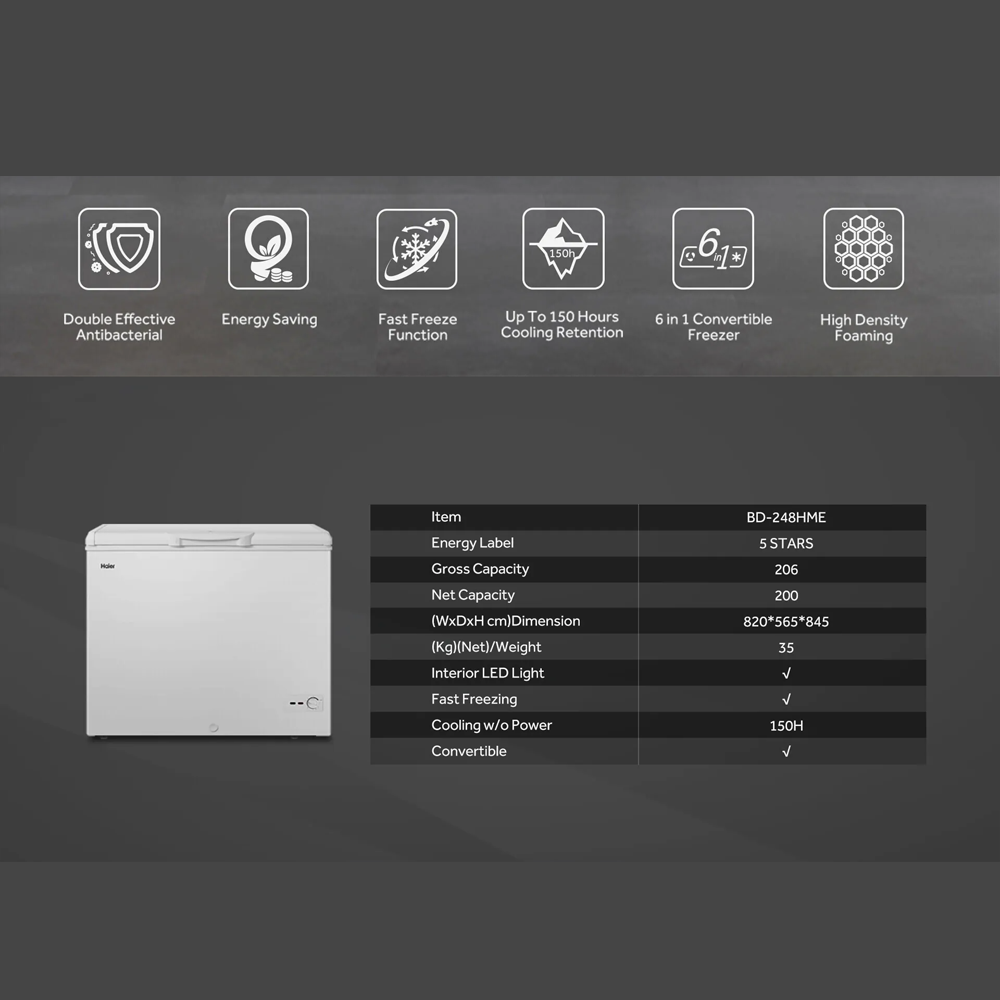 HAIER 206L Chest Freezer BD-248HME | Double Effective Protection Anti-Bacterial | Energy Saving