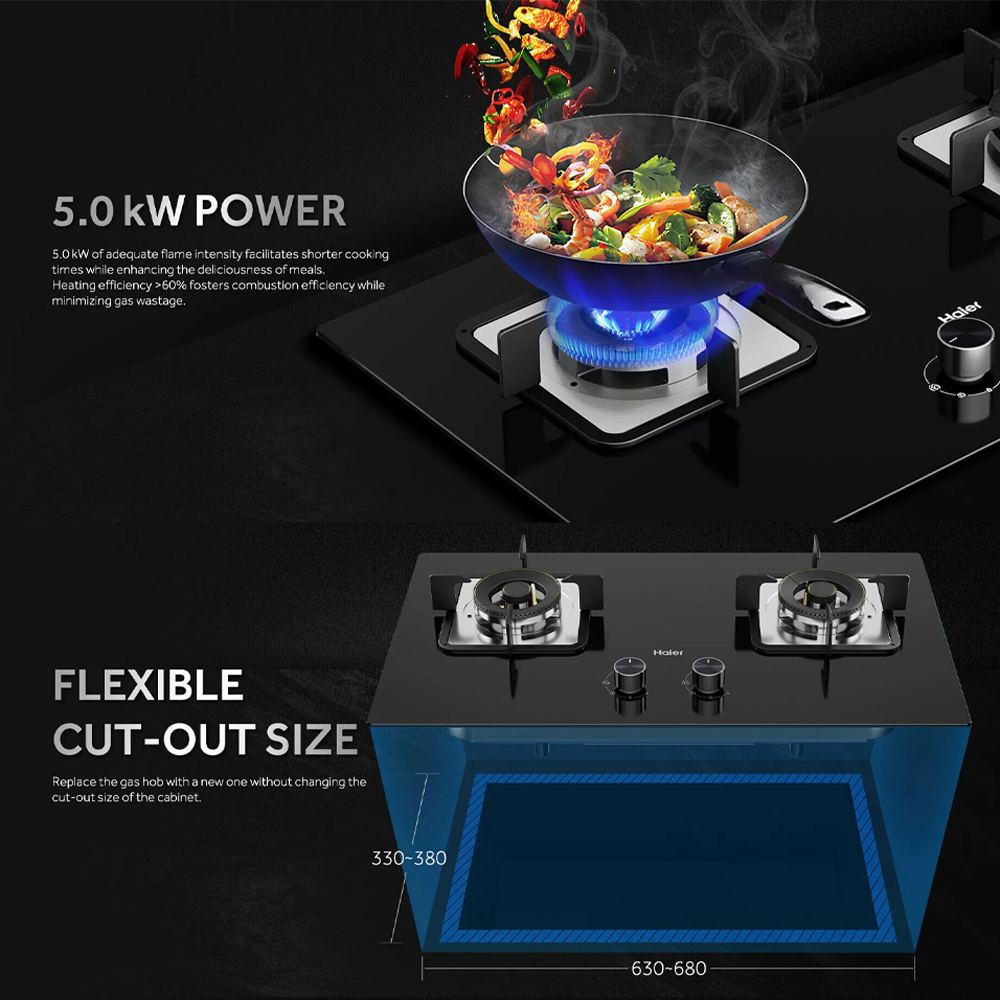 HAIER 2 Burners Built-In Tempered Glass Gas Hob HC-Q572SGB | 5.0kW Power | Flexible Cut Out Size