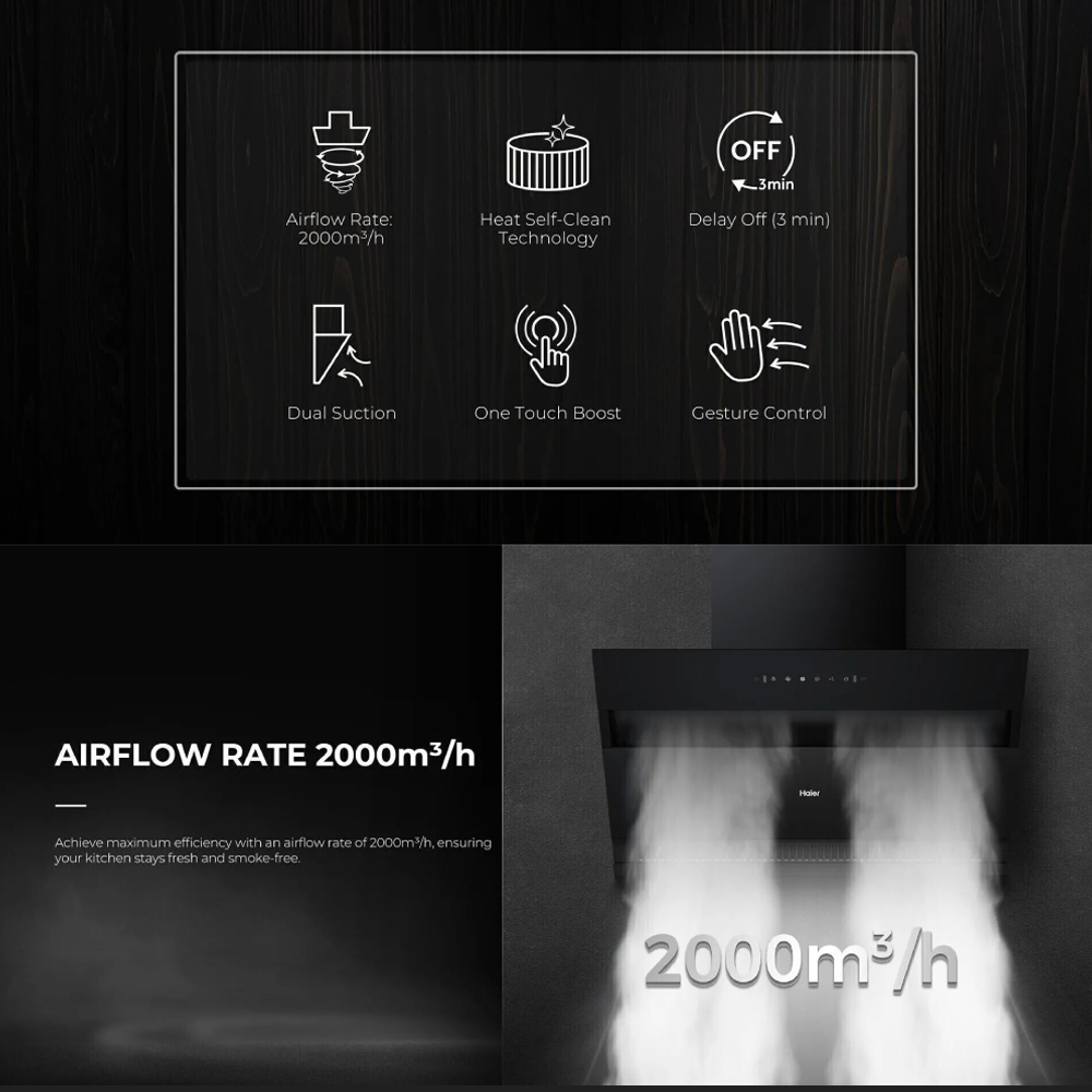 HAIER 2000m³/h Ventilation Hood HH-C2901 | Delay Off (3min) | One Touch Boost | Gesture Control | Dual Suction