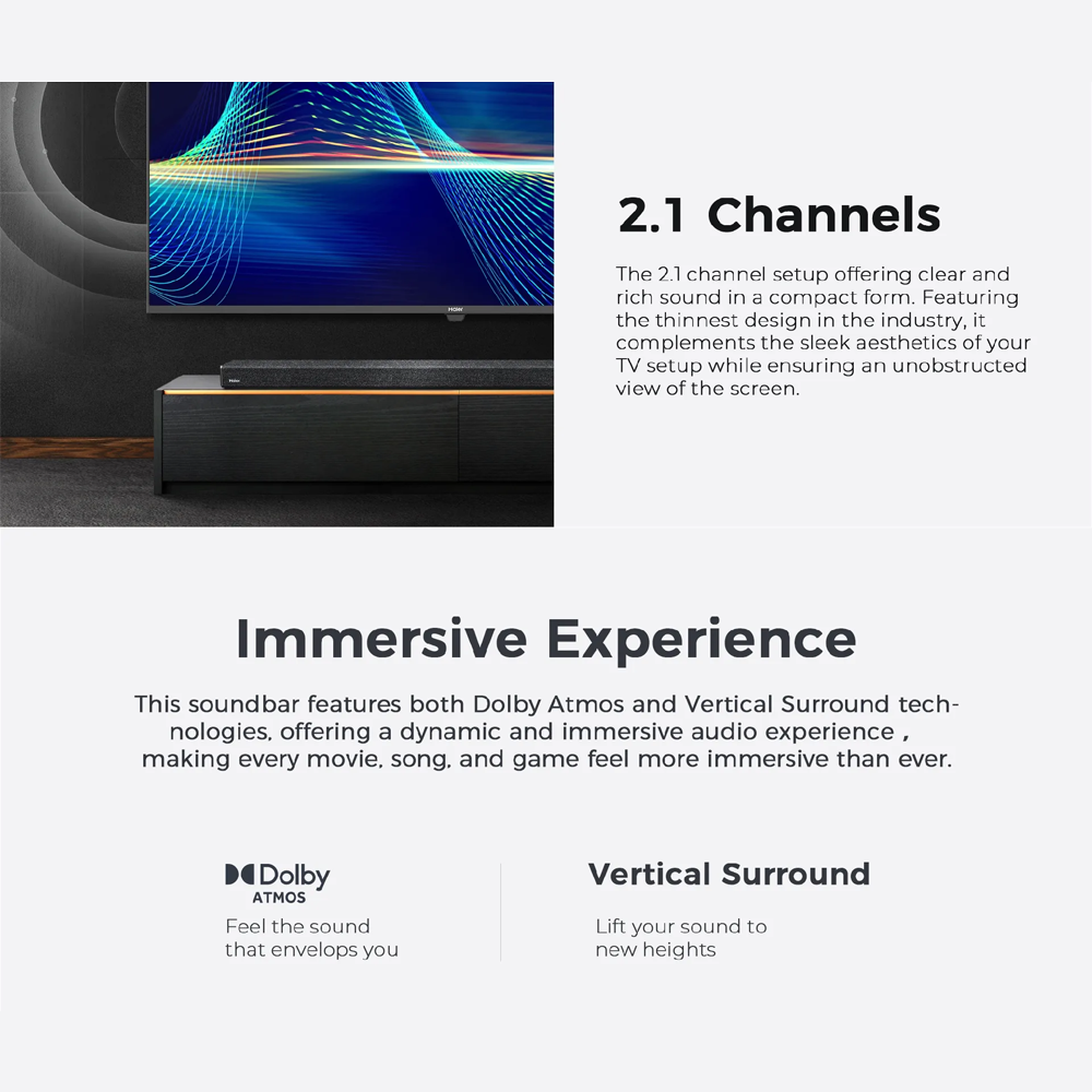 HAIER 120W Sound Bar HSD210K6 | 2.1 Dolby Atmos | HDMI/Bluetooth Connection | Super Slim | Multi Mode Control